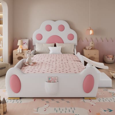 Gepolsterd Bed - 90x200 cm - Kattenpoot Design - Met Glijbaan en Ladder - PU-leer - Wit en Roze