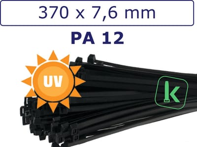 PRO-TIE® - Tyraps, kabelbinders PA 12- Extreem UV ++ bestendig 370 x 7,6 mm Zwart (Zak 100 stuks) (tiewrap/tyrap/tie-wrap/bundelbandje/colsonbandje/)