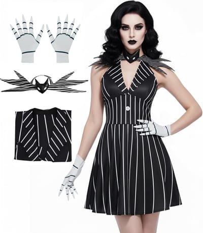 Kerst Night Jack Cosplay Kostuum Vrouwen Gothic Zwarte Jurk met Strik en V-hals voor Halloween