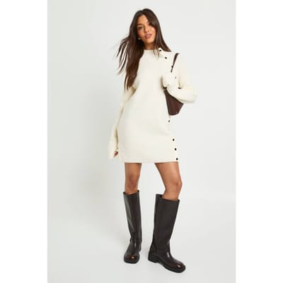 boohoo Dames Knoopdetail gebreide mini-jurk | Cream | Maat: XS