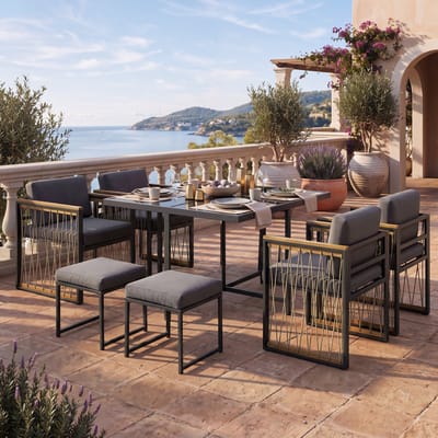 MIVRAY Tuinset 117 x 117 cm - 7-Delige Buitendiningset Met Gehard Glazen Blad - Voor 6 Personen op Terras en in de Tuin - Metaal Zwart Natuurlijk