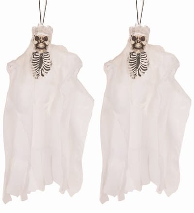 Faram Party Horror decoratie - 2x - Hangend skelet bruidje - 30 cm - Halloween thema versiering poppen - wit