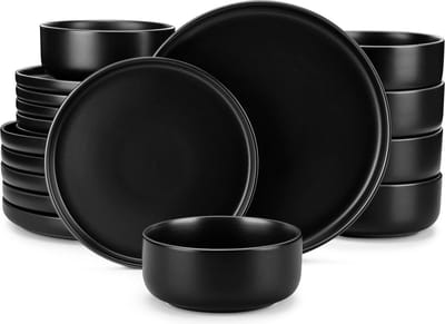 Serviesset - 6 Persoons Servies - Keramiek - Diner- en Dessertborden en Kommen - 18-delige Set - Mat Zwart