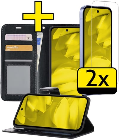Hoesje - Met 2x Screenprotector - Geschikt voor Google Pixel 9a - Luxe Pasjeshouder - Bookcase Portemonee - Flip Case - Kunstleer Book Case - Flipcase Hoes - Book Cover - Walletcase - Portemonneehoes - Telefoonhoesjes - Zwart