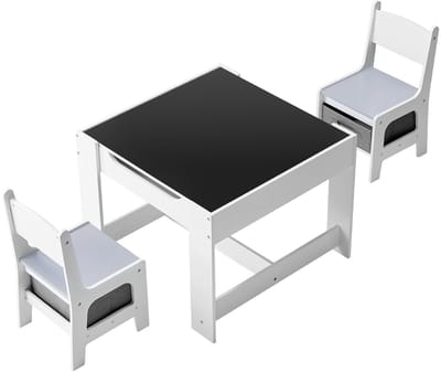 Kindertafel en stoelenset met opbergruimte, houten bureau voor activiteiten, knutselen, lezen en leren, inclusief opbergvakken onder tafel en stoelen, wit