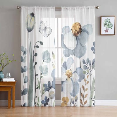 Zomerbloemen en Planten Tule Raamgordijnen voor Slaapkamer Luxe Huisdecoratie Gordijnen in Woonkamer Chiffon Panelen 135W x 114H(cm) white
