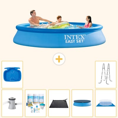 Intex Rond Opblaasbaar Easy Set Zwembad - 305 x 61 cm - Blauw - Inclusief Pomp - Onderhoudspakket - Solar Mat - Afdekzeil - Grondzeil - Voetenbad - Ladder - 8-delig
