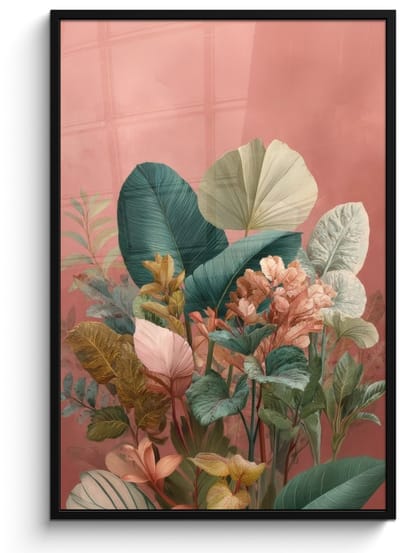 Poster in lijst - Fotolijst 80x120 cm - Posters - Tropische bladeren - Bloemen - Roze - groen - Posterlijst zwart - Decoratie - Wanddecoratie woonkamer - Muurdecoratie slaapkamer