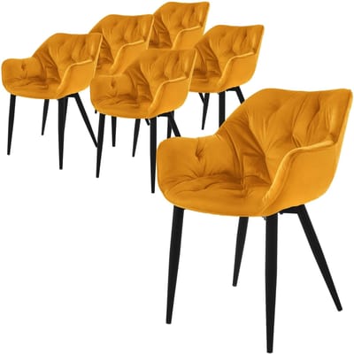 Eetkamerstoel set van 6 met rugleuning en armleuningen mosterdgeel Keukenstoel met microvezel fluwelen bekleding ML design