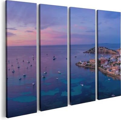 Artaza Canvas Schilderij Vierluik Ibiza met Boten op het Water bij Zonsopgang - 80x60 - Foto Op Canvas - Canvas Print