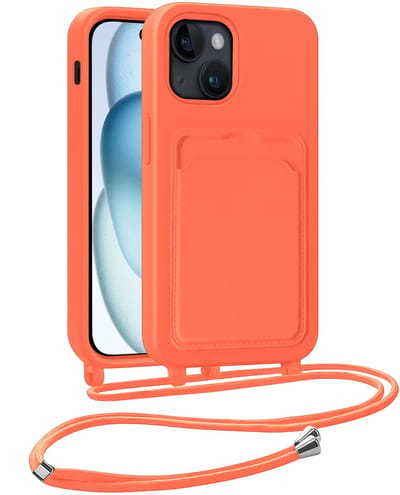 Hoesje Geschikt voor iPhone 15 Plus Hoesje Met Telefoonkoord en Pasjeshouder Siliconen - Hoes Geschikt voor iPhone 15 Plus Hoesje Met Kaarthouder Case - Papaya