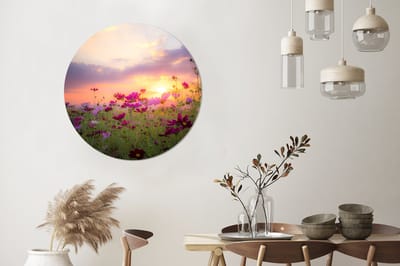 WallCircle - Wandcirkel 90x90 - Zonsondergang - Bloemen - Roze - Natuur - Groen - Ronde schilderijen woonkamer - Wandbord rond - Muurdecoratie cirkel - Kamer decoratie binnen - Wanddecoratie muurcirkel - Woonaccessoires
