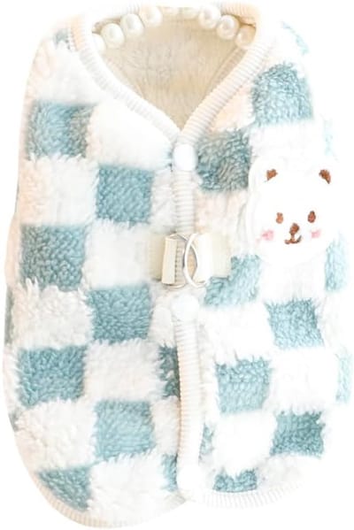 OLOEY Hondenprinsessenkostuum Herfst Pluche Vest Dikke Jas Schattige Beer Gesp Vest Kleding voor Huisdieren Jongen voor Kleine Honden Kat Meisje Geruite Outfits Honden Winter Warme Kostuums (M- Blauw)