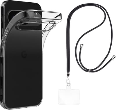 Set met hoesje en nekband voor google pixel 9 / 9 pro - Flexibele, transparante TPU-bescherming, verstelbare universele nekband voor mobiele telefoons, zwarte nekband, transparante draagriem van Phonillico®