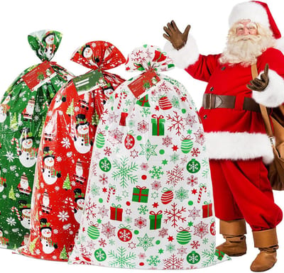 Kerst geschenkzakken groot 36 x 56 inch met cadeaupapieren en touwsluitingen - set van 3