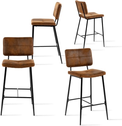 Set van 4 industriële barkrukken met rugleuning en voetensteun, gevoerde zitting, 75 cm hoog, bruin