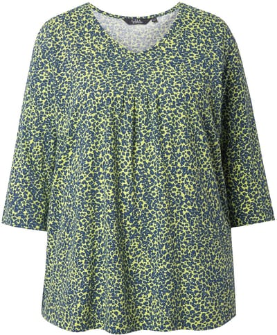 Ulla Popken - Dames - Shirt sierplooien A-lijn V-hals 3/4-mouw - Limoengroen - Maat 62+