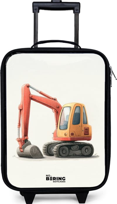 NoBoringSuitcases.com® - Kinderkoffer jongen - Kindertrolley meisje - Graafmachine - Getekend - Oranje - Koffer kind lichtgewicht - Reiskoffer trolley voor kinderen - Koffertje met lichtgevende wieltjes - Rolkoffer zwart