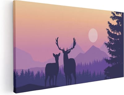 Artaza Canvas Schilderij Hert - 40x20 cm - Klein - Wanddecoratie Silhouet - Muurdecoratie Bergen - Schilderijen Op Canvas Zonsondergang - Paars