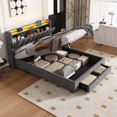 MIVRAY Tweepersoonsbed Met LED 140x200 - Gestoffeerd Bed Met Opbergruimte - Fluweel - Donkergrijs