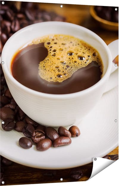 Gards Tuinposter Kopje Koffie met Koffiebonen - 90x120 cm - Tuindoek - Tuindecoratie - Wanddecoratie buiten - Tuinschilderij