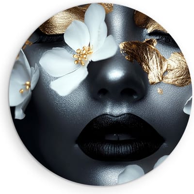 Saammp Muurcirkel Hout - Abstract - Vrouw met witte bloemen en goud - Goud - Ø 90 - Wandcirkel - Wanddecoratie Cirkel - Muurdecoratie Woonkamer - Slaapkamer decoratie - Rond Schilderij