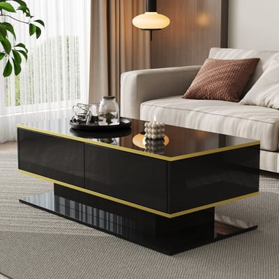 Modern hoogglans salontafel - 100x50x40 cm - gouden accenten - 3 laden en USB LED-verlichting - zwart