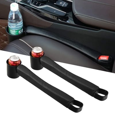 Famanu – Autostoel gap filler set van 2 - PU console organizer met zijvak en bekerhouder - voorkomt dat spullen tussen stoelen vallen - geschikt voor telefoon - portemonnee - sleutels - zwart