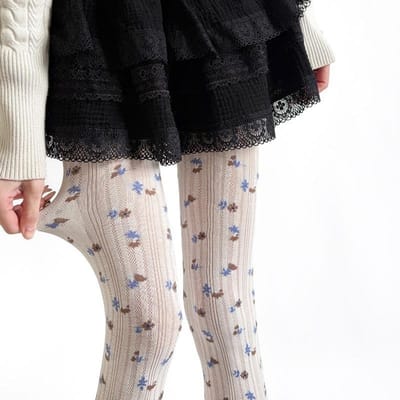 Collants imprimés floraux pour femmes, Collants en coton tricoté doux, Leggings à motifs vintage doux, Chaussettes opaques élastiques confortables pour un usage quotidien décontracté One Size gray