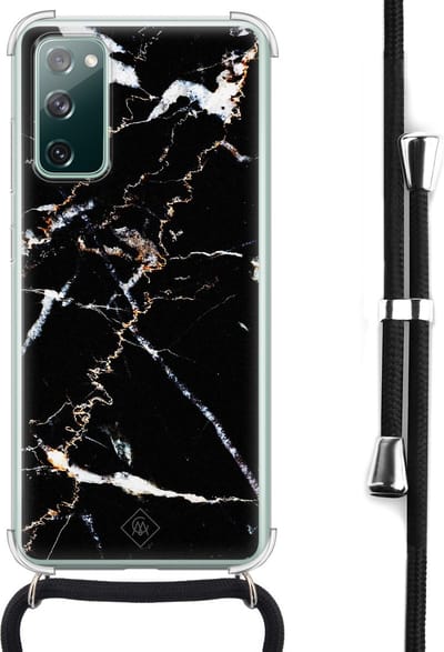Casimoda® hoesje met koord - Geschikt voor Samsung S20 FE - Marmer Zwart - Afneembaar koord - Siliconen/TPU - Zwart