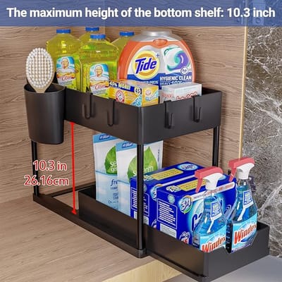 Famanu - 3 Pack onder gootsteen Organizer Trek uit onder gootsteen opslag, 2 Tier multifunctionele glijden onder de gootsteen Organizer Badkamer aanrecht Organizer onder kast plank voor -zwart