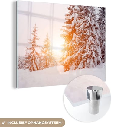 MuchoWow® Glasschilderij 40x30 cm - Schilderij acrylglas - Zon - Bomen - Sneeuw - Foto op glas - Schilderijen