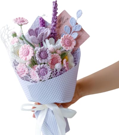 Haakwerk Bloem Boeket - Gebreide Bloemen - Woondecoratie - Handgemaakt Uniek - 38 Cm Hoog - Paars Roze