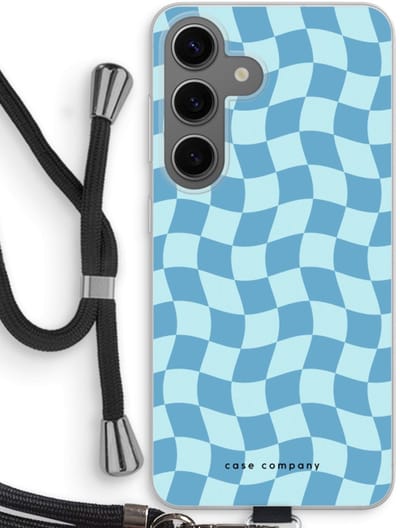 Case Company® - Hoesje met koord geschikt voor Samsung Galaxy S24 hoesje met Koord - Grid Blauw - Telefoonhoesje met Zwart Koord - Bescherming aan alle Kanten en Over de Schermrand