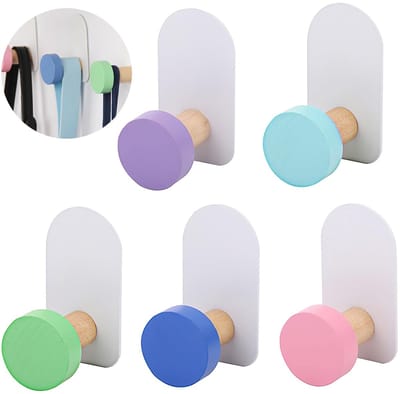Dailygoods- Wandhaak Set van 5 - Zelfklevend - Geschikt voor Badkamer/Kamer - Haken voor Handdoeken/Jassen - Duurzaam Hout/Metaal - Kleurrijk Ontwerp - Haak