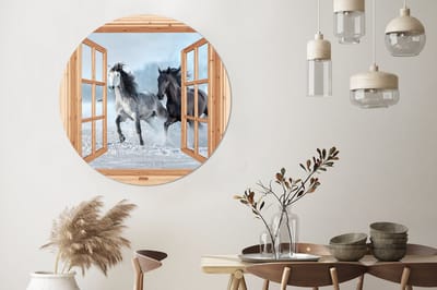 WallCircle - Wandcirkel - Muurcirkel - Doorkijk - Paarden - Winter - Dieren - Natuur - Hout - Aluminium - Dibond - 140x140 cm - Binnen en Buiten