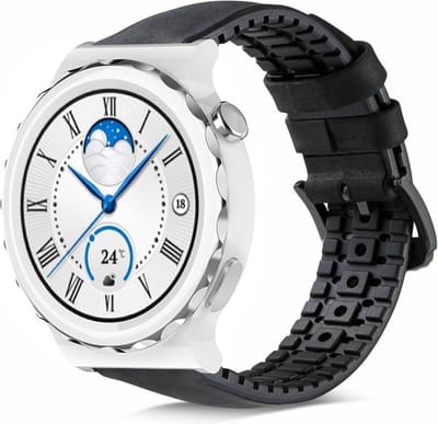 Strap-it Leren / siliconen smartwatch bandje - geschikt voor Huawei Watch GT 3 Pro 43mm / GT 2 42mm / GT 3 42mm - zwart