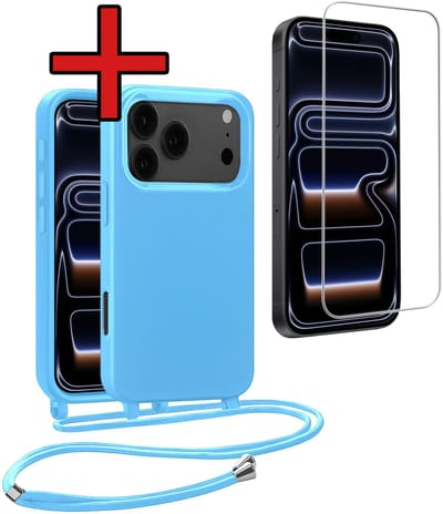 Hoesje Geschikt voor iPhone 17 Pro / 18 Pro Hoesje Siliconen Case Met Koord Met Screenprotector - Hoes Geschikt voor iPhone 17 Pro / 18 Pro Hoesje Backcover Met Telefoonkoord - Lichtblauw