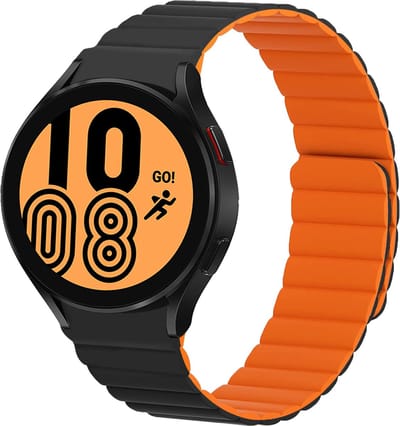 Strap-it Magnetisch siliconen bandje - speciaal geschikt voor Samsung Galaxy Watch 7 (40 & 44mm) / Galaxy Watch 6 (Classic) / Galaxy Watch 5 (Pro) / Watch 4 (Classic) / Watch FE - bandje met magneet voor Galaxy Watch 4-5-6 - zwart/oranje