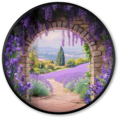 Poster in lijst Rond - Fotolijst 60x60 cm - Posters - Doorkijk - Lavendel - Bloemen - Paars - Poort - Ronde posterlijst zwart - Decoratie - Wanddecoratie woonkamer - Muurdecoratie slaapkamer