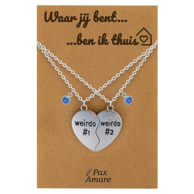Koppel Ketting voor 2 'Waar jij bent, ben ik thuis' - Weirdo's Hartje - Vriendschapsketting op Cadeau Kaartje - 45cm + 5cm verstelbaar - Zilverkleurig - Persoonlijke Hanger - Pax Amare