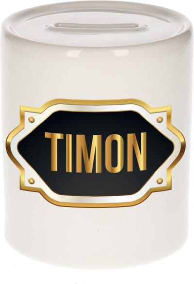Spaarpot met voornaam Timon - wit - met goud/zwart embleem - 8 x 9 cm - keramiek - met afsluitdop - cadeau verjaardag