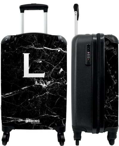 NoBoringSuitcases.com - Zwarte marmer koffer met letter L - Past binnen 55x40x20 cm en 55x35x25 cm - Trolley handbagage initialen zwart - Valiezen met wieltjes volwassenen - Reiskoffer op wielen - Rolkoffer lichtgewicht - Cadeau voor man en vrouw