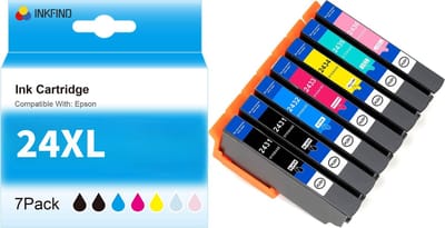 INKFIND 24XL inktcartridge 7 Pack (Zwart*2+Cyaan+Magenta+Geel+Licht Cyaan+Licht Magenta) compatibel met Epson T2431/T2432/T2433/T2434/T2435/T2436 voor Epson Expression XP-55 XP-750 XP-760 XP-850 XP-860 XP-950 XP-960 XP-970-7-pack