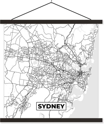 Posterhanger incl. Poster 60x60 cm - Schoolplaat - Kaart - Sydney - Stadskaart - Plattegrond - Zwart Wit - Textielposter - Zwarte latten - Stadskaart