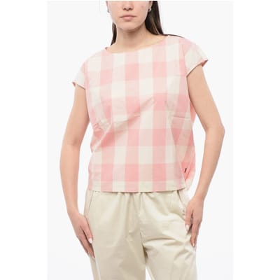 Mouwloze blouse van katoen met ruitjesmotief en trekkoord in de kleuren wit, roze