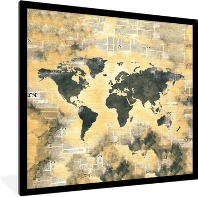 Fotolijst incl. Poster - Wereldkaart - Vintage - Kranten - 40x40 cm - Posterlijst