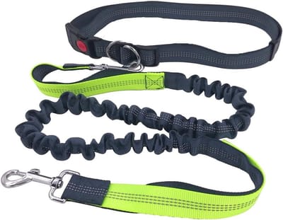 Handsfree hondenriem voor joggen, verstelbare heupriem met dubbele handgreep - grijs, reflecterend stiksel, intrekbare bungee-lijn.