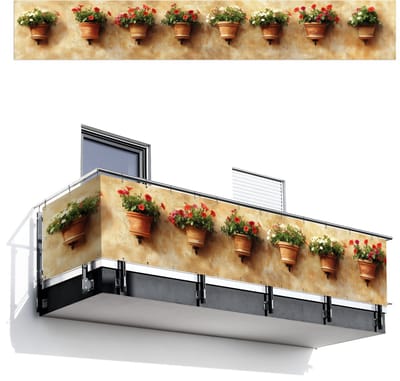 Balkonscherm 500x75 cm - Balkonposter Bloempotten - Muur - Vintage - Balkon scherm decoratie - Balkonschermen - Balkondoek zonnescherm