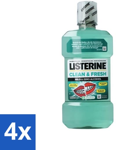 4 x Listerine – Mondwater – Clean & Fresh – Zonder alcohol – 500 ml - Mondspoeling - Mondhygiëne - Beugel - Tandplak - Tandvlees